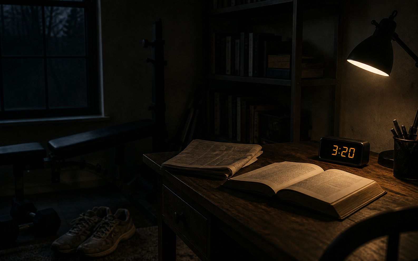 A quiet predawn workspace with an open book, training shoes, and a clock reading 3:20